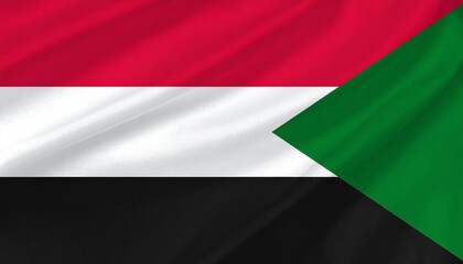 Sudan national flag with red, white, and black horizontal stripes and green triangle&mdash;symbolizing struggle, peace, identity, and prosperity.