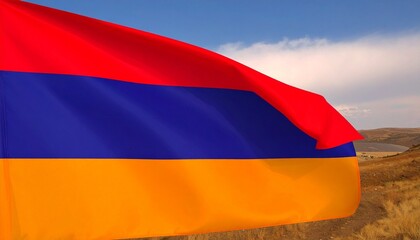 Armenia national flag waving against hilly landscape and cloudy sky&mdash;featuring red, blue, and orange horizontal bands symbolizing national pride and resilience.