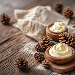 Fototapeta premium Creamy whipped dessert in wooden bowls, dusted with powdered sugar and surrounded by pinecones on rustic wood — cozy, festive, and perfect for holiday or autumn-themed food styling.
