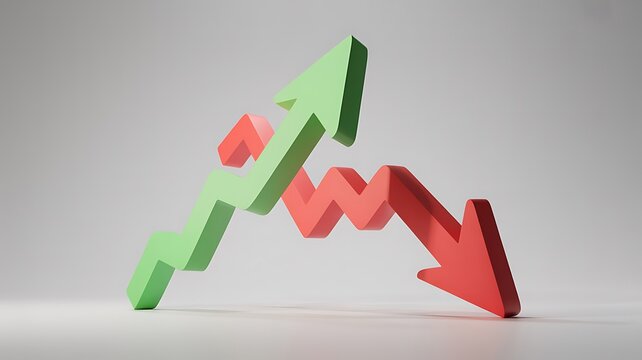 Abstract rendering of green and red arrows illustrating market trends and financial concepts in a minimalist design. - Powered by Adobe