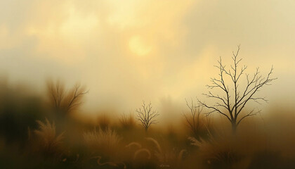 Golden morning fog. Poetic atmosphere of dawn