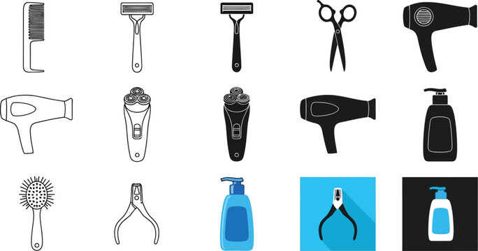 Hair styling tools and grooming products for personal care vector set
