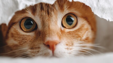 Curious Ginger Cat Peeking Through Paper with Big Eyes on White Background