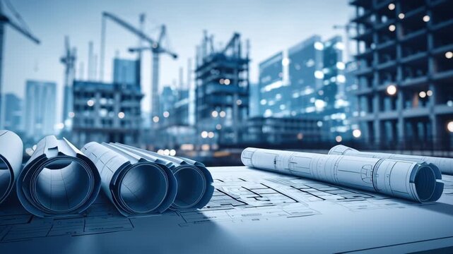 Blueprints on a construction site with cranes and buildings in the background.