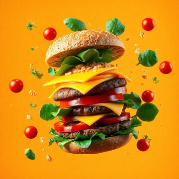 A towering veggie burger with multigrain bun, sharp cheddar, grilled mushroom patty, roasted red pepper, and crisp spinach leaves, all floating in a rich go