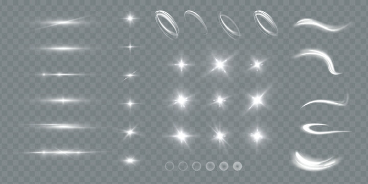 Light effects.Wind glare, explosions, shine, dust, lines, solar flares, sparks, sequins, stars, curved curls. Glow special effect of light