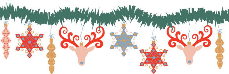 cute hand drawn christmas border whimsical festive garland holiday decoration banner retro scandinavian style reindeer heads hanging ornaments © pani_Nadichka