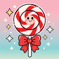 Cute Christmas lollipop with a big bow, smiling face, glitter and stars around, cartoon flat vector style, bright pastel background