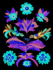 Watercolor painted Decorative Tree of life, birds, flowers and leaves on a black background