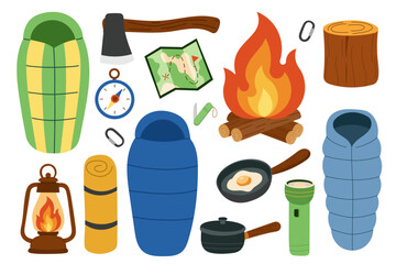 Outdoor camping set with sleeping bags, campfire, lantern, map, axe, and travel tools. Cozy ssential hiking and adventure equipment — warm sleeping bags, flashlight, compass, travel mat, cooking pan.