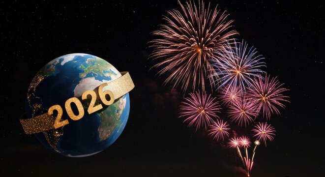 Sparkling 2026: Earth Globe, Golden Numbers, and Vibrant Fireworks Celebration Against Starry Night Sky