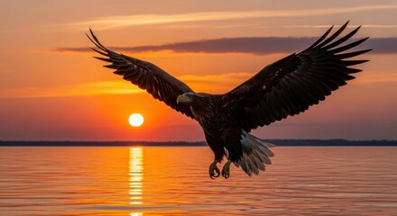 Majestic eagle soars across a fiery sunset over calm water