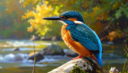 Beautiful Kingfisher Perched on Log.