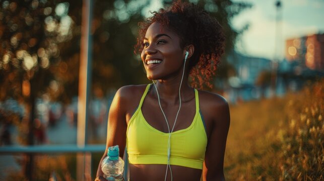 Joyful woman jogging at sunset in vibrant sportswear, urban park setting - Powered by Adobe