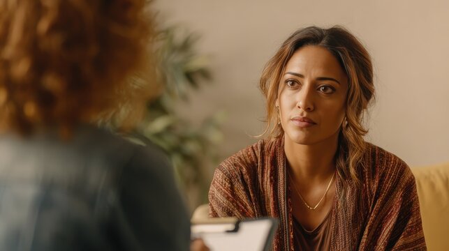 Latina Counselor Engaged in Therapy Session with Client in Warm Cinematic Setting