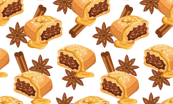 oriental dessert makroud or makrout food tile design with white isolated background continuous repeating motif for wrapping paper fabric print packaging
