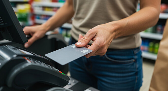 Close-up of a person's hand holding a grey credit card over a point-of-sale (POS) terminal for a contactless payment at a grocery checkout.