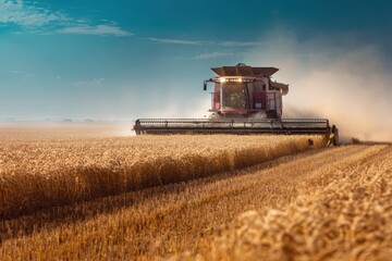 Fototapeta premium Modern Combine Harvester Operating in Golden Wheat Field Under Blue Sky