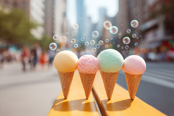 Colorful ice cream cones stand on a park bench on a sunny day with bubbles floating above them. It's a sweet treat in the city.