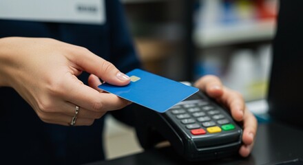 Close-up of a hand holding a blue credit card over a black POS terminal, ready for a contactless transaction in a retail setting.