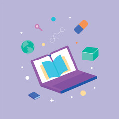 an open laptop with holographic books and formula vector art