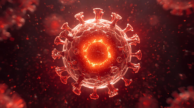 3d rendering of coronavirus particle with glowing core and spike proteins on dark background