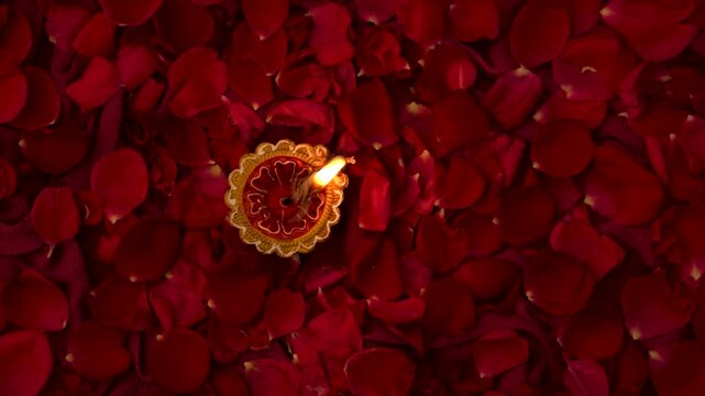 Glowing Diwali Diya surrounded by rose petals, Diwali greeting video