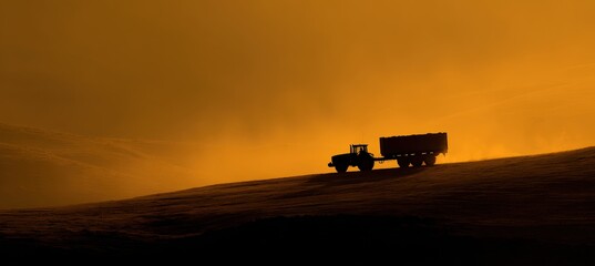Fototapeta premium Silhouetted Tractor and Trailer on Hill at Sunrise with Golden Horizon