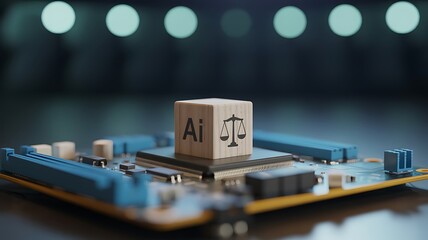 Artificial intelligence ethics depicted with a wooden cube and scales of justice on a computer circuit board