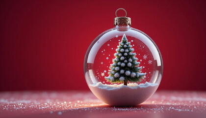 Clear Glass Christmas Bauble with Miniature Flocked Pine Tree and Snow Inside on a Deep Red Background, Traditional Holiday Scene for Seasonal Websites, Promotions, and Festive Banners4