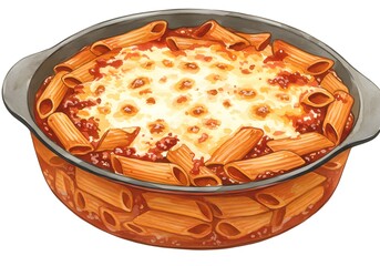 Watercolor Illustration of Baked Penne Pasta with Melted Cheese