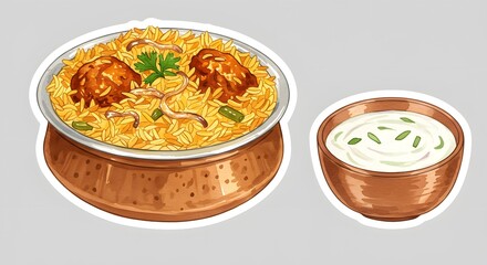 Watercolor Illustration of Chicken Biryani with Raita