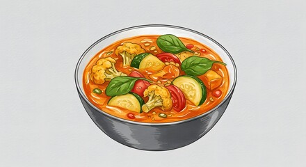 Watercolor Illustration of a Vibrant Vegetable Curry Bowl