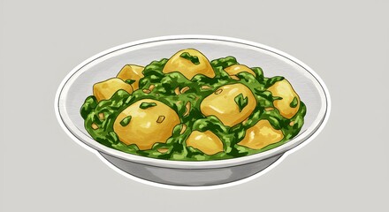 Watercolor Illustration of Aloo Palak - Potato and Spinach Curry in a Bowl