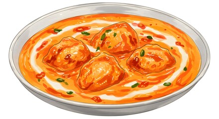 Watercolor Illustration of Delicious Chicken Tikka Masala in a Bowl