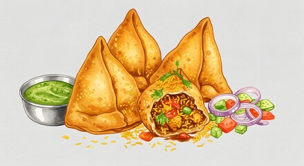 Watercolor Illustration of Delicious Samosas with Mint Chutney and Salad