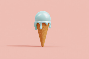 A solitary light blue ice cream cone stands on a pink surface, drips elegantly running down its sides, tempting with its refreshing charm.