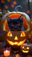 Adorable black kitten peeking from glowing jack o lanterns Halloween scene