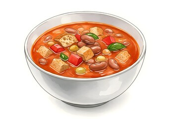 Watercolor Illustration of Hearty Bean Soup with Vegetables and Croutons