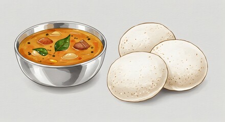 Watercolor Illustration of Idli and Sambar - South Indian Breakfast