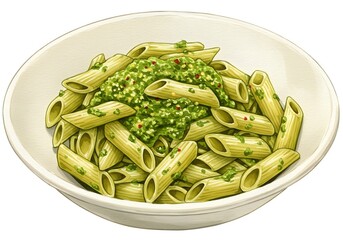 Watercolor Illustration of Penne Pasta with Pesto Sauce