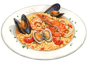 Watercolor Illustration of Seafood Paella on a White Plate