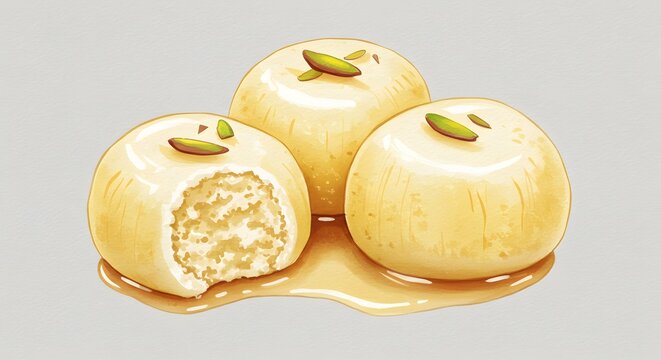 Watercolor illustration of three delicious Rasgulla sweets in syrup, garnished with pistachios.