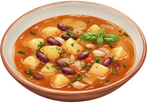 Watercolor Minestrone Soup Bowl with Potatoes, Beans, and Basil