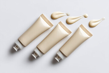 Three cream tubes aligned with dollops, ideal for beauty product imagery. Sleek, minimalist design on a bright background.