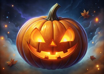 Spooky jack o lantern glowing brightly against a dark starry night sky