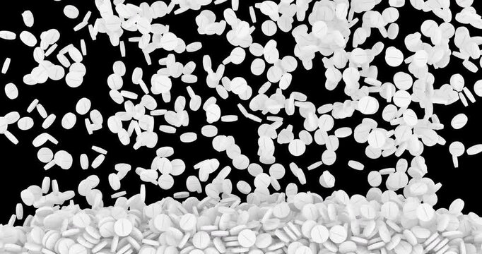 White round pills falling down and filling the screen with alpha channel. 3D rendering