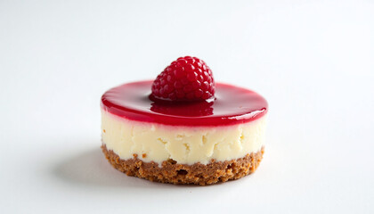 Mini raspberry cheesecake with glossy red jelly topping and cookie crust on white background, elegant minimal food composition for dessert menu or patisserie advertising