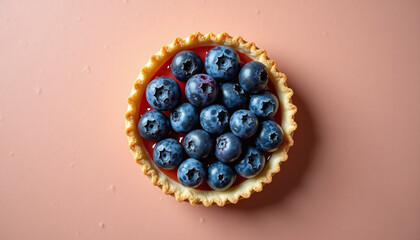 Blueberry tart with fresh berries and jelly filling on pastel background, top view minimal dessert concept for bakery advertising and patisserie branding