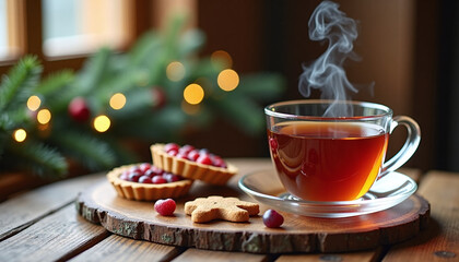Cup of hot tea with steam, cranberry tarts and gingerbread cookie on wooden table with Christmas lights, cozy winter holiday still life